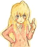  aisaka_taiga bad_id bad_pixiv_id blonde_hair blush hand_on_hip long_hair mine_(golazo_golazo) oohashi_high_school_uniform pointing school_uniform solo sweatdrop toradora! traditional_media 