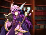  bad_id bad_pixiv_id blackwing_phoenix book crescent fingerless_gloves german gloves hat library long_hair patchouli_knowledge purple_eyes purple_hair solo staff touhou translated voile 