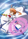  bad_id bad_pixiv_id blue_eyes brown_hair fingerless_gloves flying gloves hair_ribbon kousou lyrical_nanoha magic_circle mahou_shoujo_lyrical_nanoha raising_heart ribbon solo takamachi_nanoha twintails 