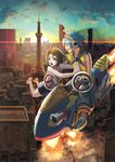  1girl blue_hair brown_hair city cityscape cloud denim denim_shorts flick_(artist) flying gloves hair_ornament hairclip headphones original ruins sandals short_hair shorts sky 