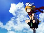  bad_id bad_pixiv_id blonde_hair blue_eyes cloud day hair_ornament hair_ribbon hairclip kagamine_rin midriff oharu ribbon scarf short_hair shorts sky smile solo vocaloid wind 