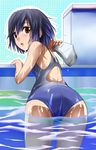  amagami ass foreshortening highres ikusa_ryuuji looking_back nanasaki_ai one-piece_swimsuit pool short_hair solo starting_block swimsuit wet 