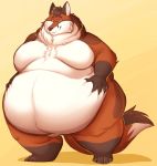  anthro belly belly_fondling belly_overhang big_belly big_butt brown_hair butt canine chest_tuft claws fox fur hair hand_on_stomach love_handles male mammal moobs nude obese obese_male orange_fur oreocakes overweight overweight_male simple_background smile solo standing thick_thighs toe_claws tuft white_fur wide_hips yellow_background 