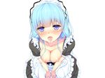  1girl areolae artist_request blue_eyes blue_hair blush breasts breasts_out breasts_outside cum cum_in_mouth lagoo maid maid_in_1k nipples simple_background solo white_background 