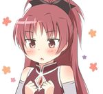  blush bow chestnut_mouth detached_sleeves face ganbaruzoi hair_bow long_hair magical_girl mahou_shoujo_madoka_magica parody ran_(9ens2000) red_eyes red_hair sakura_kyouko solo soul_gem tsurime upper_body 