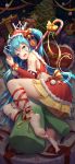  1girl ahoge artist_name bandaid_on_leg barefoot bell blue_eyes blue_hair blush_stickers bow catxuan christmas christmas_ornaments christmas_tree dated detached_sleeves fang gift hair_bell hair_bow hair_ornament hatsune_miku headphones highres long_hair looking_at_viewer lying musical_note musical_note_print night on_side open_mouth santa_costume skirt solo spring_onion twintails very_long_hair vocaloid 