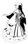  ama_(mosaicowen) bangs blunt_bangs bow bowtie capelet dress faceless faceless_female full_body gloves gown greyscale hat high_contrast highres long_hair monochrome patchouli_knowledge sleeves_past_wrists solo striped touhou vertical-striped_dress vertical_stripes wide_sleeves 
