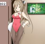  1girl amagi_brilliant_park animal_ears blonde_hair breasts bunny_ears bunny_girl bunny_suit bunny_tail bunnyears bunnygirl bunnysuit bunnytail cameltoe cleavage collar cuffs hair hands_on_hip large_breasts long_hair necktie pantyhose ponytail red_bunny_suit red_bunnysuit ribbon sento_isuzu solo standing tail tie tray wide_hips yellow_eyes 