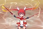  absurdres dual_wielding flat_chest genderswap gloves gradient_hair hair_ornament highres leotard long_hair mecha_musume midzuha mitsuka_souji multicolored_hair ore_twintail_ni_narimasu red_eyes red_hair solo sword tail_red tailred thighhighs twintails very_long_hair weapon 