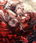  armlet arms_up breasts cleavage dress flower gin_ji hair_flower hair_ornament highres jewelry large_breasts long_hair looking_at_viewer original petals red_dress red_eyes shingoku_no_valhalla_gate smile solo tiara veil white_hair 