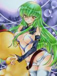  alternate_costume blush breasts c.c. cheese-kun code_geass cowboy_shot detached_collar detached_sleeves doll_hug geass green_hair izumo_neko large_breasts long_hair navel no_nipples revealing_clothes solo thighhighs traditional_media very_long_hair white_legwear yellow_eyes 