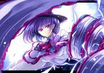  black_skirt bow bowler_hat breasts drill electricity frills hat hat_bow large_breasts letterboxed light_particles long_sleeves looking_at_viewer motion_blur nagae_iku pink_eyes purple_hair shawl short_hair skirt smile solo touhou touya_(the-moon) 
