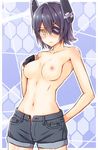  1girl areolae blush breasts erect_nipples eyepatch fit hips kanden_suki kantai_collection medium_breasts navel nipples purple_hair stomach tenryuu_(kantai_collection) toned topless unzipped yellow_eyes 