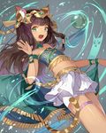  animal_ears armlet bare_shoulders bastet_(p&amp;d) blush bracer brown_hair cape cat_ears cat_tail dark_skin dutch_angle egyptian energy_ball fang flat_chest green_eyes grey_background headpiece hillly_(maiwetea) jewelry legs light_particles long_hair looking_at_viewer midriff navel necklace open_mouth puzzle_&amp;_dragons shorts skirt solo strapless tail tubetop waving wrist_cuffs 