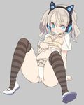  animal_ears axent_wear belly_peek blade_(galaxist) blue_eyes cat_ear_headphones cat_ears duplicate fake_animal_ears headphones looking_at_viewer navel original over-kneehighs panties school_uniform serafuku shirt_lift shoes short_hair short_sleeves silver_hair sitting skirt solo striped striped_legwear thighhighs underwear white_panties 