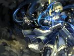  ahoge armor artoria_pendragon_(all) blonde_hair breastplate bubble chess_piece excalibur fate/stay_night fate_(series) faulds gauntlets glowing glowing_sword glowing_weapon greaves green_eyes highres invisible_air saber saber_class_(fate/stay_night) saberiii short_hair solo weapon 