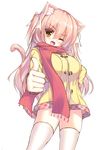  ;d animal_ears cat_ears cat_tail fangs long_hair no_pants one_eye_closed open_mouth original pink_hair red_scarf scarf shia_flatpaddy smile solo syroh tail thighhighs thumbs_up two_side_up white_legwear yellow_eyes 