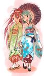  :d blue_eyes blue_hair dango eating flower food fukutarou_(enji127) hair_flower hair_ornament holding_hands japanese_clothes kanzashi kimono mahou_shoujo_madoka_magica miki_sayaka multiple_girls obi open_mouth oriental_umbrella ponytail red_eyes red_hair sakura_kyouko sash short_hair smile tsumami_kanzashi umbrella wagashi yuri 