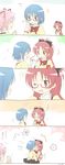  &gt;_&lt; ;d bespectacled blue_eyes blue_hair blush bow bowtie bumping cellphone closed_eyes comic glasses hair_ornament heart highres hug isora kaname_madoka long_hair magical_girl mahou_shoujo_madoka_magica miki_sayaka multiple_girls one_eye_closed open_mouth phone red-framed_eyewear red_bow red_eyes red_hair red_neckwear sakura_kyouko semi-rimless_eyewear short_hair simple_background smile spoken_heart translated twirl under-rim_eyewear white_background wince yuri 