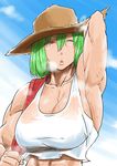  abs arm_up armpits blue_sky breasts cleavage cloud day green_hair hat heavy_breathing highres hot jackasss kazami_yuuka large_breasts muscle muscular_female one_eye_closed plaid plaid_vest puckered_lips red_eyes see-through short_hair sky solo sun_hat sweat tank_top touhou vest wet wet_clothes 