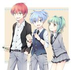  2boys :d akabane_karma ansatsu_kyoushitsu blazer blue_eyes blue_hair brown_eyes green_hair holding jacket kayano_kaede looking_at_viewer multiple_boys necktie notepad open_mouth pleated_skirt red_hair school_uniform shiota_nagisa short_hair skirt smile soranagi 