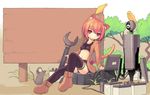  animal_ears bird cat_ears cat_tail computer dobunezumi laptop midriff mouse orange_eyes orange_hair original short_hair shorts solo sports_bra tail thighhighs webcam wrench 