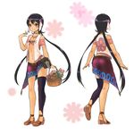  absurdres basket belt character_sheet flower from_behind full_body gargantia_contest hair_flower hair_ornament hairband highres long_hair mismatched_legwear purple_eyes purple_hair rkp sandals skirt smile standing suisei_no_gargantia very_long_hair vest 