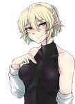  arm_warmers bare_shoulders blonde_hair blush green_eyes halterneck highres mizuhashi_parsee nicutoka pointy_ears short_hair smile solo tears touhou transparent_background 
