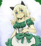  alternate_costume animal_ears apron bare_shoulders blonde_hair blue_eyes blush bow cat_ears collarbone dirndl dress german_clothes helma_lennartz highres izuoku long_hair open_mouth short_sleeves solo traditional_clothes world_witches_series 