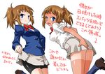  akou_roushi bike_shorts blazer blue_eyes blush bow brown_hair dress_shirt gundam gundam_build_fighters gundam_build_fighters_try hand_on_hip hoshino_fumina jacket loafers long_hair looking_at_viewer no_panties open_mouth ponytail scrunchie shirt shoes shorts shorts_tan shorts_under_skirt smile tan tanline translation_request 