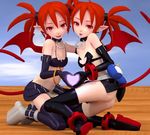  2girls 3d animated animated_gif ass bare_shoulders beanis black_skirt disgaea dual_persona etna heart miniskirt multiple_girls red_eyes red_hair short_skirt skirt small_breasts smile strapless thighhighs twintails 