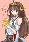  :d bare_shoulders blue_eyes brown_eyes brown_hair detached_sleeves double_bun emphasis_lines hairband headgear highres japanese_clothes juice_box kantai_collection kongou_(kantai_collection) lipton looking_at_viewer nontraditional_miko okitsugu open_mouth simple_background smile solo translated v-shaped_eyebrows 