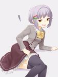  1girl :d brown_eyes dated frilled_skirt frills grey_background hair_ornament hairclip idolmaster idolmaster_cinderella_girls koshimizu_sachiko lavender_hair nagian open_mouth school_uniform short_hair simple_background skirt smile solo sweat sweater thighhighs 