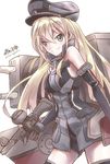  bismarck_(kantai_collection) blonde_hair blouse blue_eyes breasts cannon detached_sleeves hat kantai_collection long_hair medium_breasts military military_hat military_uniform morigami_(morigami_no_yashiro) peaked_cap solo thighhighs turret uniform 