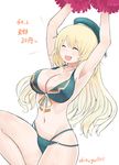  :d ^_^ armpits arms_up atago_(kantai_collection) bare_shoulders beret bikini blonde_hair blue_bikini breasts cleavage closed_eyes derivative_work hat highres kantai_collection large_breasts leg_up long_hair navel okitsugu open_mouth pom_poms simple_background smile solo swimsuit white_background 