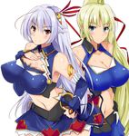 armpits bare_shoulders blonde_hair blue_eyes blush breast_suppress breasts cleavage cleavage_cutout elbow_gloves eleonora_viltaria gloves hair_ornament hand_on_hip hand_on_own_chest large_breasts limalisha long_hair looking_at_viewer madan_no_ou_to_vanadis midriff multiple_girls navel red_eyes side_ponytail silver_hair simple_background smile takara_joney white_background 