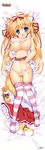  absurdres ahoge animal_ears blonde_hair blue_eyes bow breasts cleavage d: dakimakura fox_ears fox_tail hair_bow hand_on_own_chest highres huge_filesize large_breasts navel nipples open_mouth panties panty_pull pink_legwear pussy_juice shimesaba_kohada shoes_removed skirt skirt_removed solo striped striped_legwear tail thighhighs underwear white_panties 