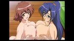  2girls animated animated_gif blue_eyes blue_hair breast_press breast_squeeze breasts brown_hair censored chichinoya double_paizuri huge_breasts isshoni_h_shiyo long_hair lowres multiple_girls multiple_paizuri nipples paizuri penis teamwork yellow_eyes 