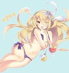  :d adapted_costume bikini blonde_hair blue_background blush bow drink drinking_straw eyes_visible_through_hair fork gold_egg_(p&amp;d) hair_ribbon hairband hands_together kaki_s long_hair lying navel on_side open_mouth outline pandora_(p&amp;d) purple_bikini purple_bow puzzle_&amp;_dragons red_eyes ribbon side-tie_bikini simple_background smile solo star swimsuit tamadra white_ribbon 