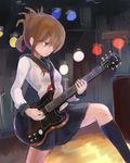  black_legwear blue_skirt brown_hair electric_guitar folded_ponytail guitar highres inazuma_(kantai_collection) instrument kantai_collection kneehighs long_sleeves neckerchief okitsugu playing pleated_skirt sailor_collar school_uniform serafuku skirt solo 