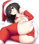  1girl arisu_kazumi ass bangs bikini black_hair blue_eyes blush breasts butt_crack cameltoe christmas commentary_request detached_sleeves eyebrows_visible_through_hair from_behind fur-trimmed_bikini fur-trimmed_hat hair_between_eyes hat idolmaster idolmaster_cinderella_girls long_hair looking_at_viewer looking_back lowleg lowleg_bikini lying medium_breasts on_side red_bikini red_legwear sagisawa_fumika santa_costume santa_hat shiny shiny_skin simple_background solo swimsuit thighhighs white_background 