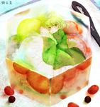  ahoge bad_id bad_pixiv_id dress fetal_position food fruit gelatin ghost_tail green_dress green_hair in_food japanese_clothes lying minigirl no_hat no_headwear shimana_(cs-ts-az) short_hair soga_no_tojiko solo stuck touhou 