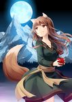  animal_ears apple brown_hair food fruit full_moon hazuki_natsu highres holo long_hair moon mountain night night_sky pouch red_eyes sky smile solo spice_and_wolf tail wolf_ears 