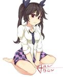  ai_ai_gasa ashu barefoot black_hair bow braid checkered checkered_skirt collared_shirt hair_bow himekaidou_hatate legs long_sleeves loose_necktie necktie open_collar pink_eyes shirt sitting skirt solo thighs touhou translated twintails untucked_shirt wariza wavy_mouth 