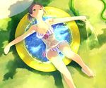  achiki bad_id bad_pixiv_id bare_shoulders bikini breasts brown_hair green_eyes hose medium_breasts navel one_eye_closed original partially_submerged sandals shade short_hair solo striped summer swimsuit vertical-striped_bikini vertical_stripes wading_pool water 
