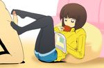  1girl ass book brown_eyes brown_hair censored eating feet food footjob gureko_rouman highres kneeling legs legs_up looking_down lying multitasking no_shoes pantyhose penis pillow ranma_1/2 reading short_hair shorts sweater tendou_nabiki thighs 