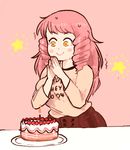 birthday_cake blush_stickers cake casual clothes_writing drill_hair food inkerton-kun katawa_shoujo long_hair mikado_shiina pink_hair smile solo yellow_eyes 