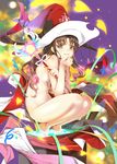  blush brown_eyes brown_hair hat jewelry long_hair looking_at_viewer mikazuki_akira! nude original pendant shiny shiny_skin smile solo squatting wand witch_hat 