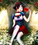  achiki apple black_hair choker commentary field flower flower_field food fruit grimm's_fairy_tales looking_at_viewer open_mouth original red_eyes shingoku_no_valhalla_gate short_hair sitting skirt snow_white snow_white_(grimm) solo sunlight thighhighs tree white_legwear 