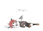  :d ahoge alternate_hair_length alternate_hairstyle arm_up bat_wings colorized emoticon head_wings kneehighs koakuma leg_up loafers low_wings lying necktie on_side open_mouth red_eyes red_hair shoes short_hair skirt skirt_set smile solo takeuma touhou vest wings 